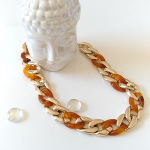 Chunky Tortoise Shell & Gold Link Statement Necklace Boho Eclectic Glam Chunky